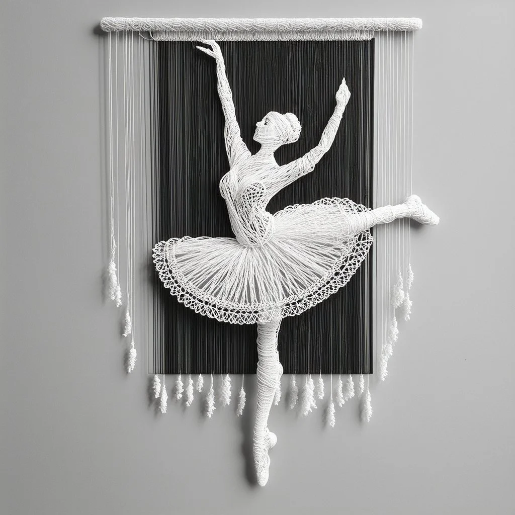 2d yarn and string art, minimalism, ballerina in arabesque pose made entirely out of white string, dark negative space, extreme contrast, concept art, stunning, dramatic, filigree, intricate details, string textures, strands of string hanging down from to on frame