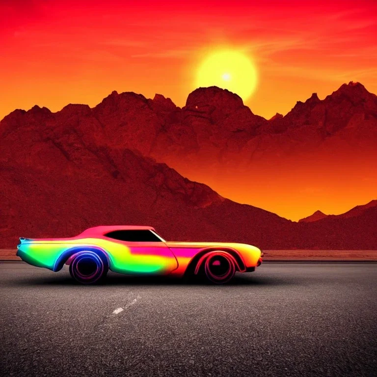 art deco, cyberpunk, neon muscle cars racing, desert road, sunset, full colour, hd,