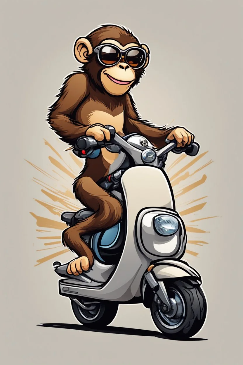 Monkey riding on a scooter making a wheelie with sunglasses on, cartoonize, logo