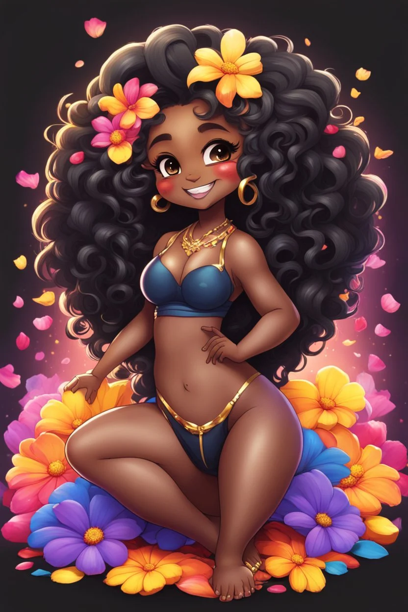 A sassy thick-lined airbrushed cartoon black chibi girl lounging lazily on her side, surrounded by colorful flower petals. She has a golden lion tail curling playfully behind her curvy body. Looking up coyly, she grins widely, showing teeth. Her poofy hair forms a mane framing her confident, regal expression.