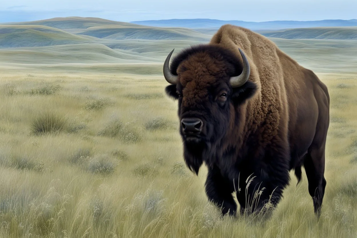 Bison walking uphill towards viewer's left, prairie grasses in foreground, background fades out to completely white