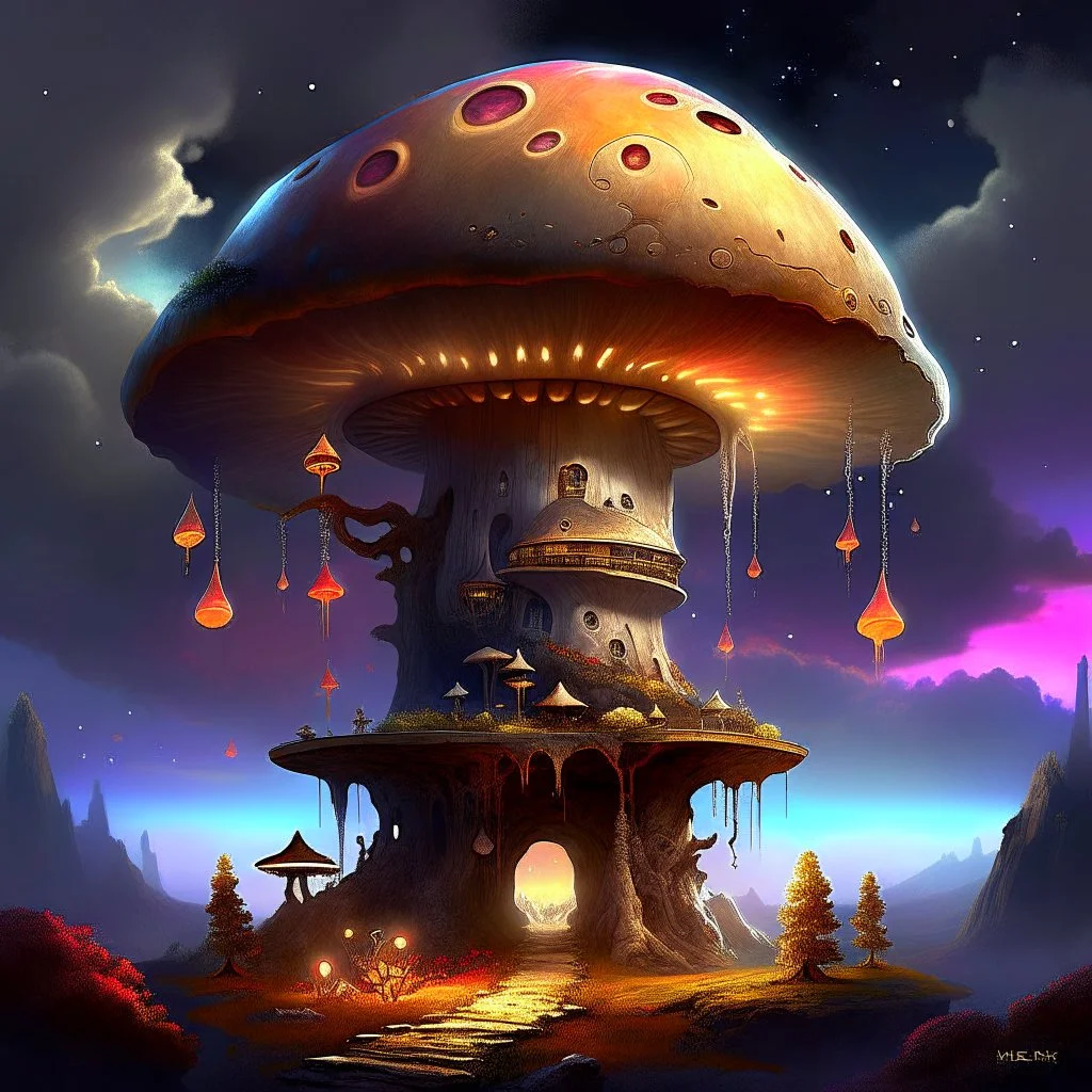 A fantabulous glowing, (((mushroom tower house))) erected atop a (tall geologic pillar), surrounded by uncanny imaginative ((( spiraling skies))), offset by the stark hues of a (nebulous space scape), . captured by the hand a skilled master painter with a focus on (softly textured compositions and voluminous lighting).