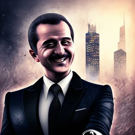 water color art,mafia family boss grinning with black greasy hair, holding up black magnum and wearing suit, city streets in background,run for cover