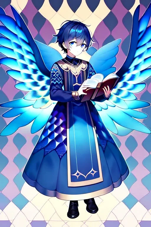 a human male with blue short hair and blue wings in an assymetrical armor with geometric patterns and a book in hand