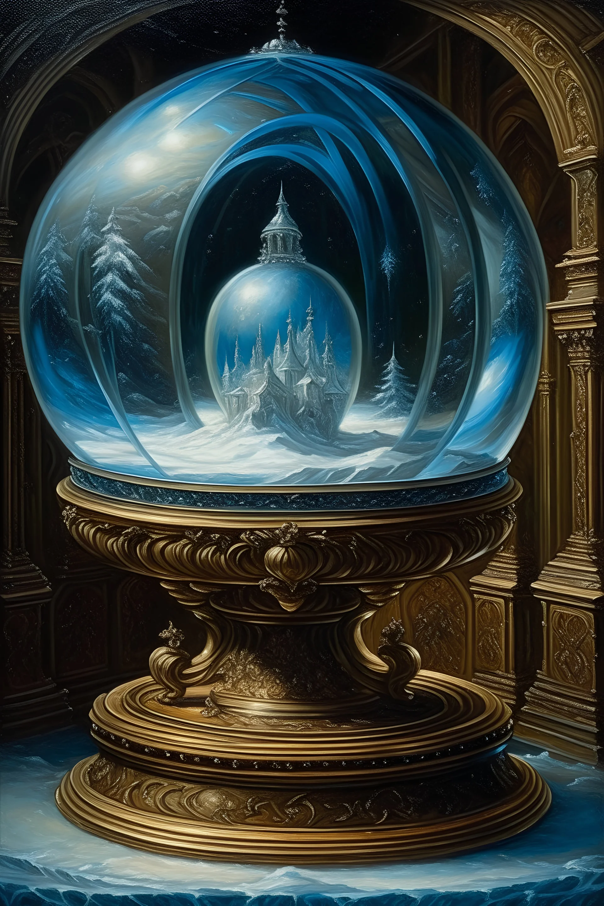 Beautiful old 1800's style oil painting, intricate beautiful detail of the highest grade, within an ice palace Santa inside crystal globe resting on an icy pedestal,, no flaws, perfect proportions, no hands