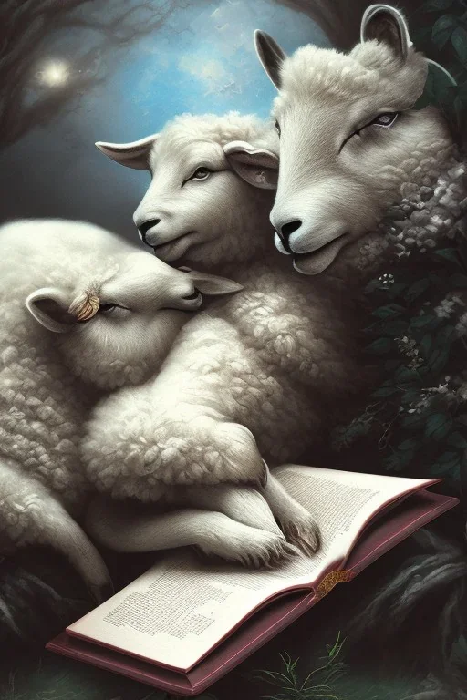 one black sheep reads a book on other site white sheep herd sleep