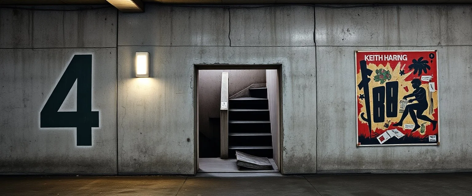 background of wall(wet textured concrete, gray, old, cracked, stained, 1 wall light) from underground parking, hong kong style, a large number "4" painted on left(old faded paint), at middle is an opening into an area with dark stairway, cyberpunk, to the right of opening is a faded keith haring poster