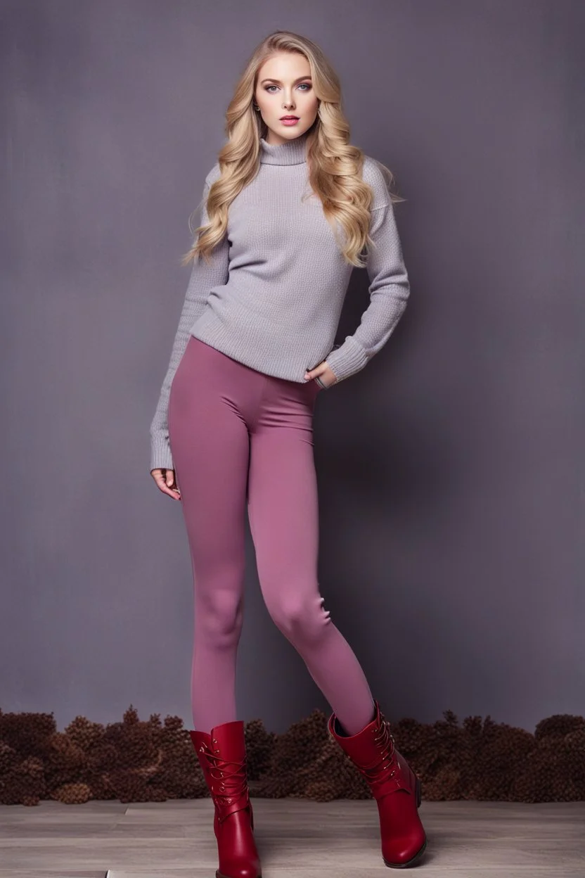 beautiful 18 year old girl with ash blonde hair and blue eyes with her curvy hair down, wearing a long-sleeved woollen top, and lilac long leggings, with long red boots full body shot