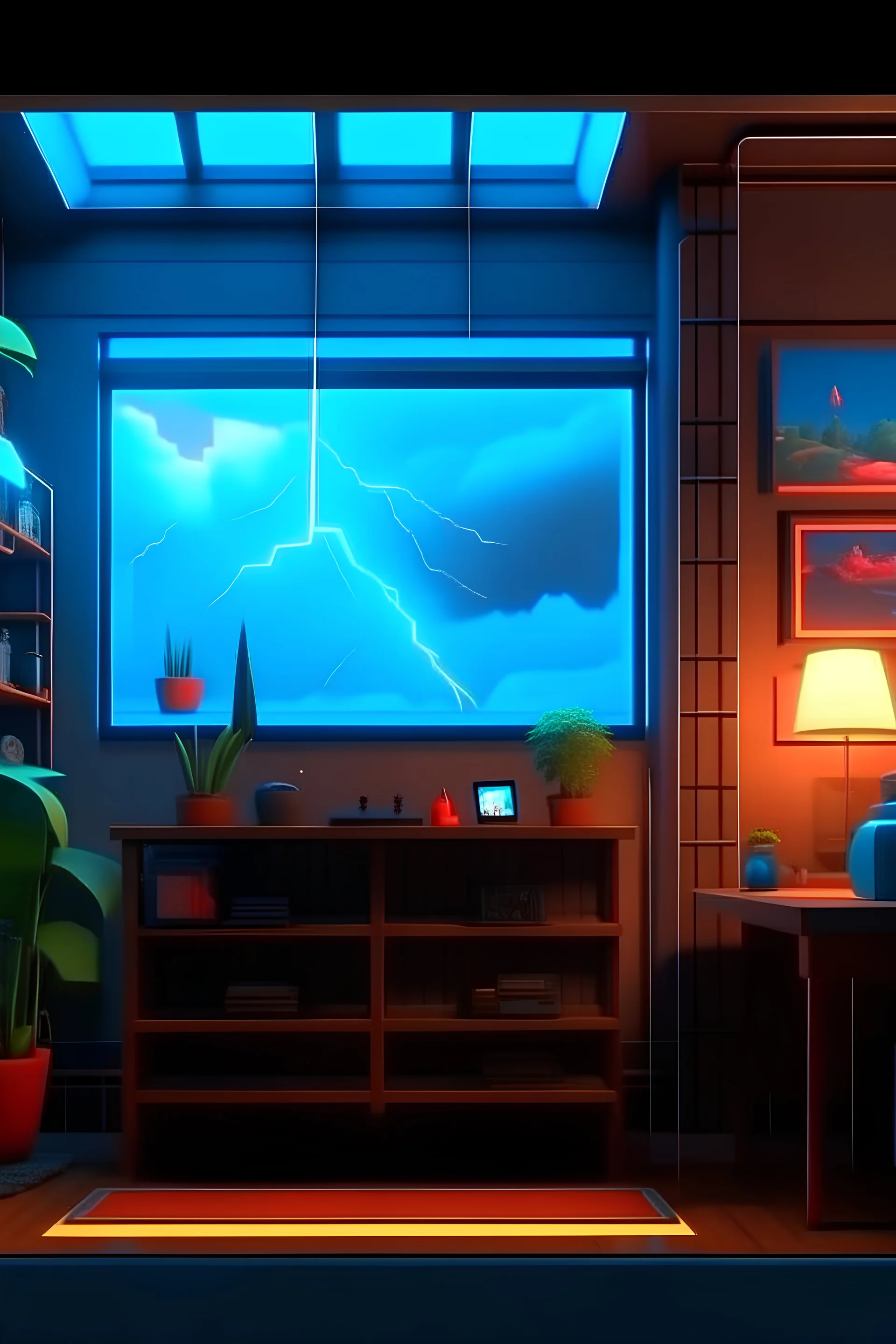 Generate a YouTube studio thumbnail background.it has tree vase, photo frames, cyberpunk lightning, floating shelf with accessories on it and some cool feature of things that can be added to the background.