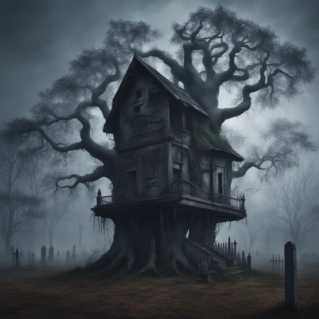 Hyper Realistic massive abandoned tree house between a cemetery at foggy night with crows sitting on tombstone