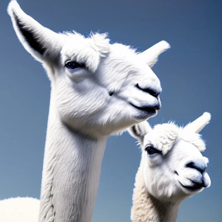 photo, white llama with blue eyes staring at camera, white background, realistic, high detail