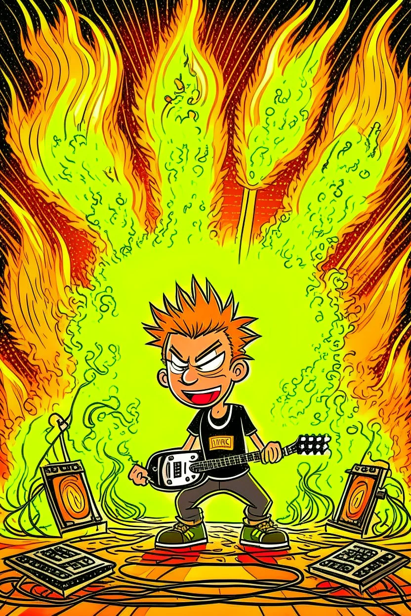 Firestarter animateur radio metal. Cartoon. Flames all around.