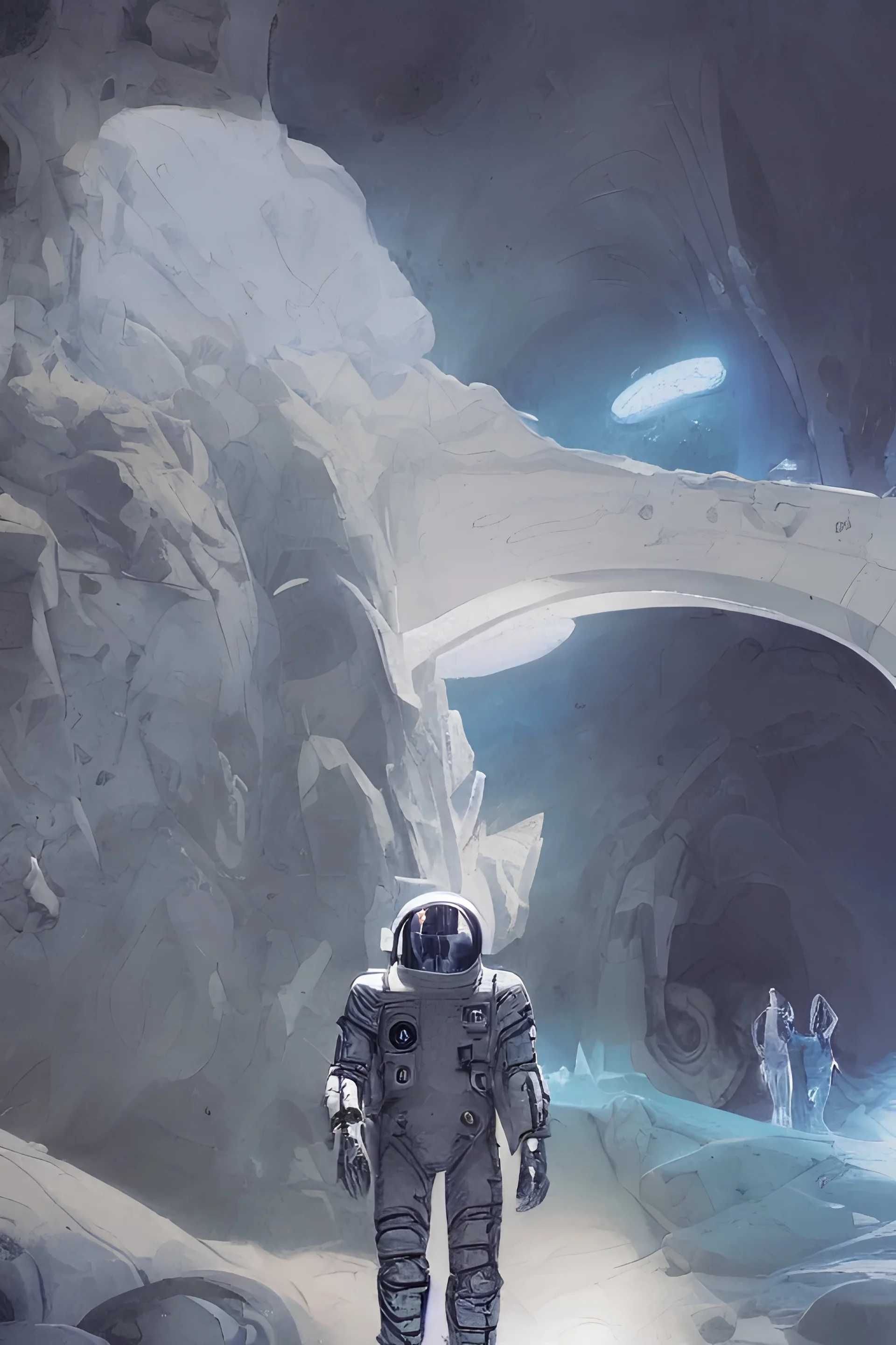 a beautiful artwork illustration, concept art sketch of an astronaut in white futuristic cybernetic armor in front of a cave entrance on the moon, volumetric fog, godrays, high contrast, vibrant colors, vivid colors, high saturation, by Greg Rutkowski and Jesper Ejsing and Raymond Swanland and alena aenami, featured on artstation, wide angle, vertical orientation