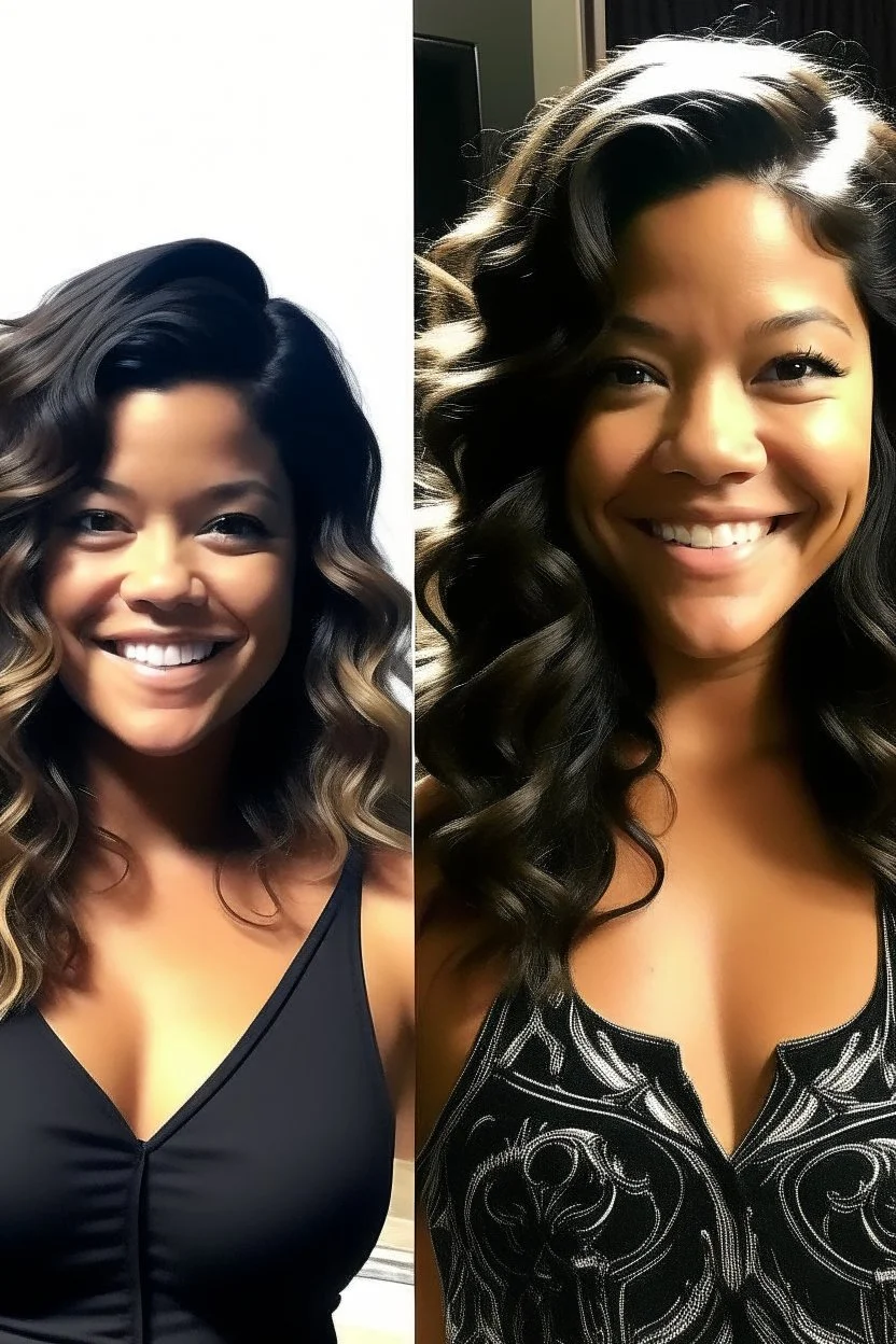 Gina Rodriguez mid-transformation into an african instagram modell. Hair: dark merging with ebony curls. Face: features blending, symmetrical allure. Skin: transitioning glow. Torso: fusion, hourglass merging with African model aesthetic. Arms: graceful blend. Thighs: strength and allure intertwining. Legs: merging old and new, poised strides. Feet: refined transition. Yoga outfit: a seamless fusion, capturing every detail of the enchanting transformation. Gina embodies the essence of both world