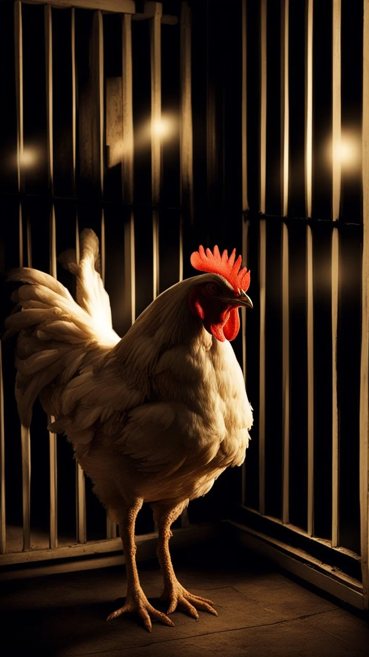 Generate a spine-chilling Halloween horror scene featuring a chicken as if it's a character from a terrifying movie, with eerie lighting and a haunting atmosphere , photo / ultra realistic."