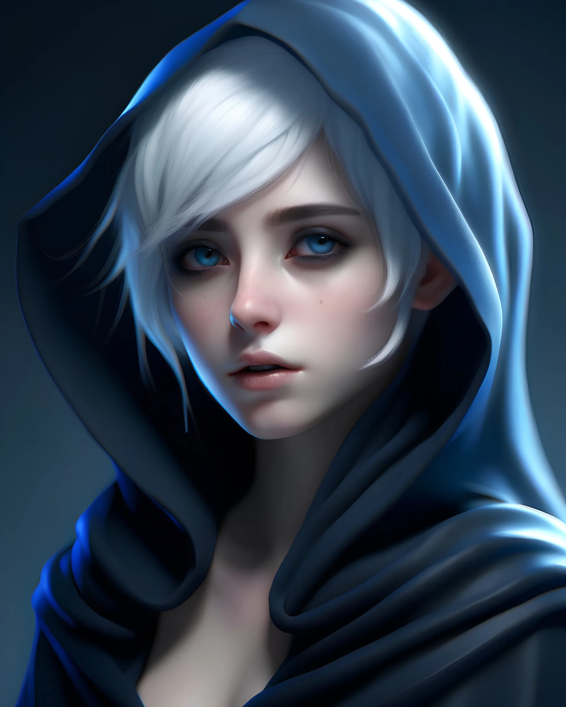 Full portrait, elf, girl, whiteish blue skin, blue eyes, relax, fantasy, realistic, short white hair. black hood and black cloak,4k
