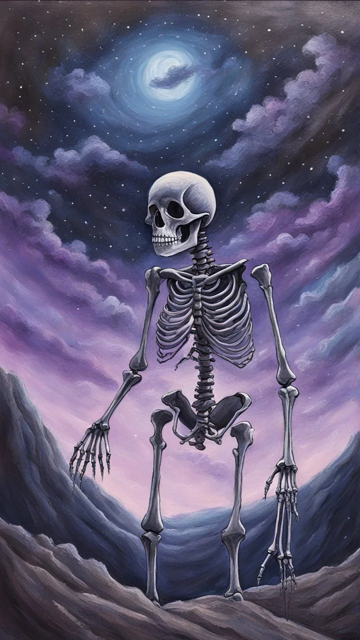 A pastel painting of a skeleton on a hilllookin into the night sky. A nebular in the sky. Painting. Purple colours. Blue colours. Colorful.Pastel colours. Masterpiece.