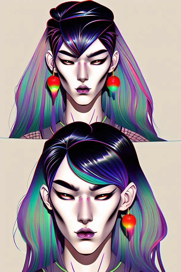 Asian androgynous woman, in detailed 80's graphic novel illustration, piercings, rainbow hair, androgynous look, epic colour treatment, cinematic colour treatment