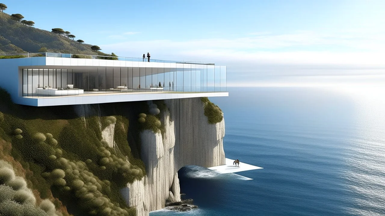 White architecture and large glazed surfaces lead to bright open spaces, a fluid connection between interior and exterior, located on a cliff.