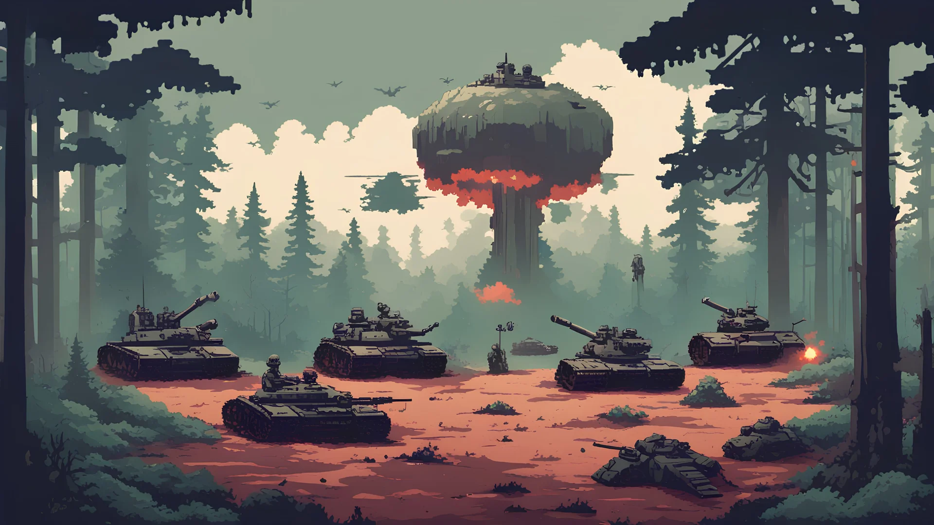 war scene, tanks, soldiers, bombs, and guns, in the middle of forest, grimy, - retro pixel art style,