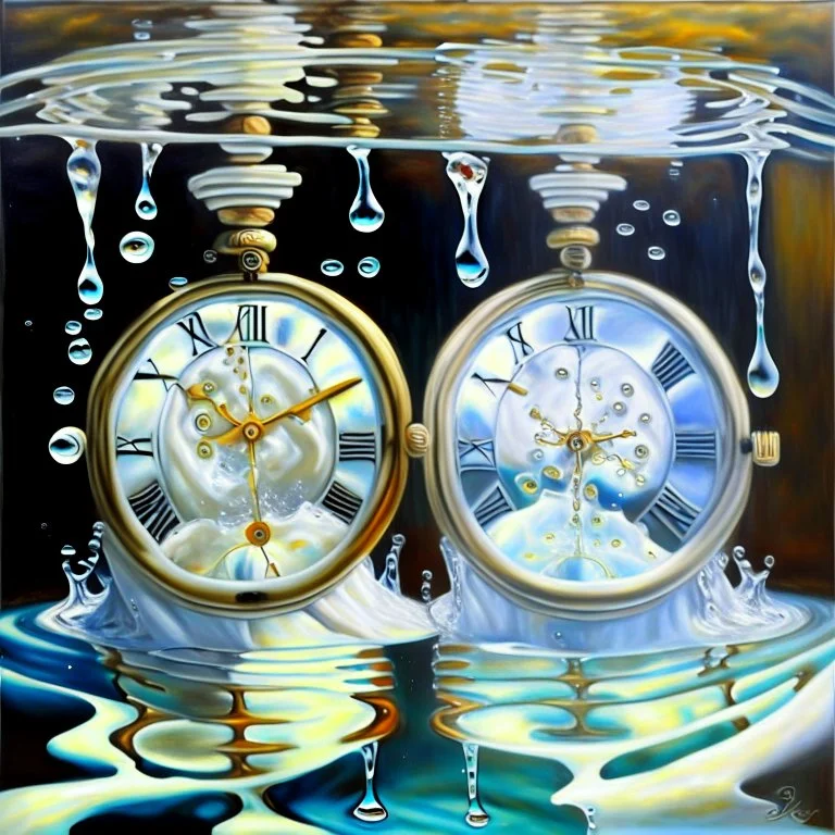 two white sikns, in one of them water is turning clockworks and in the other clockwise, art, oil drawing, bright,