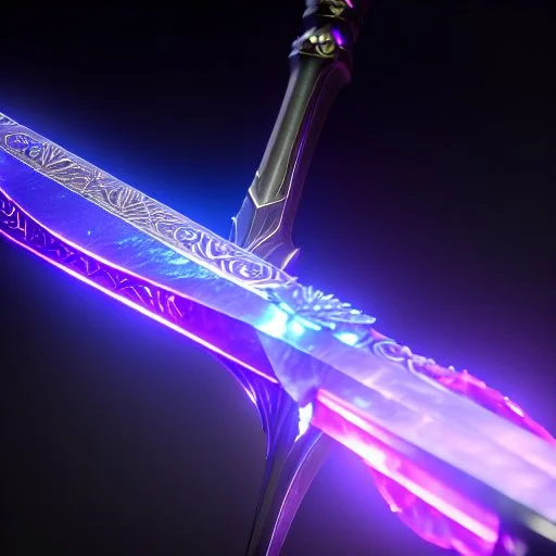 A fantasy zweihander, the blade is made up of glimmering ice, it's hilt is crafted from swirling vines, leading to a vibrant rose crystal at the pommel, with a black background behind it.