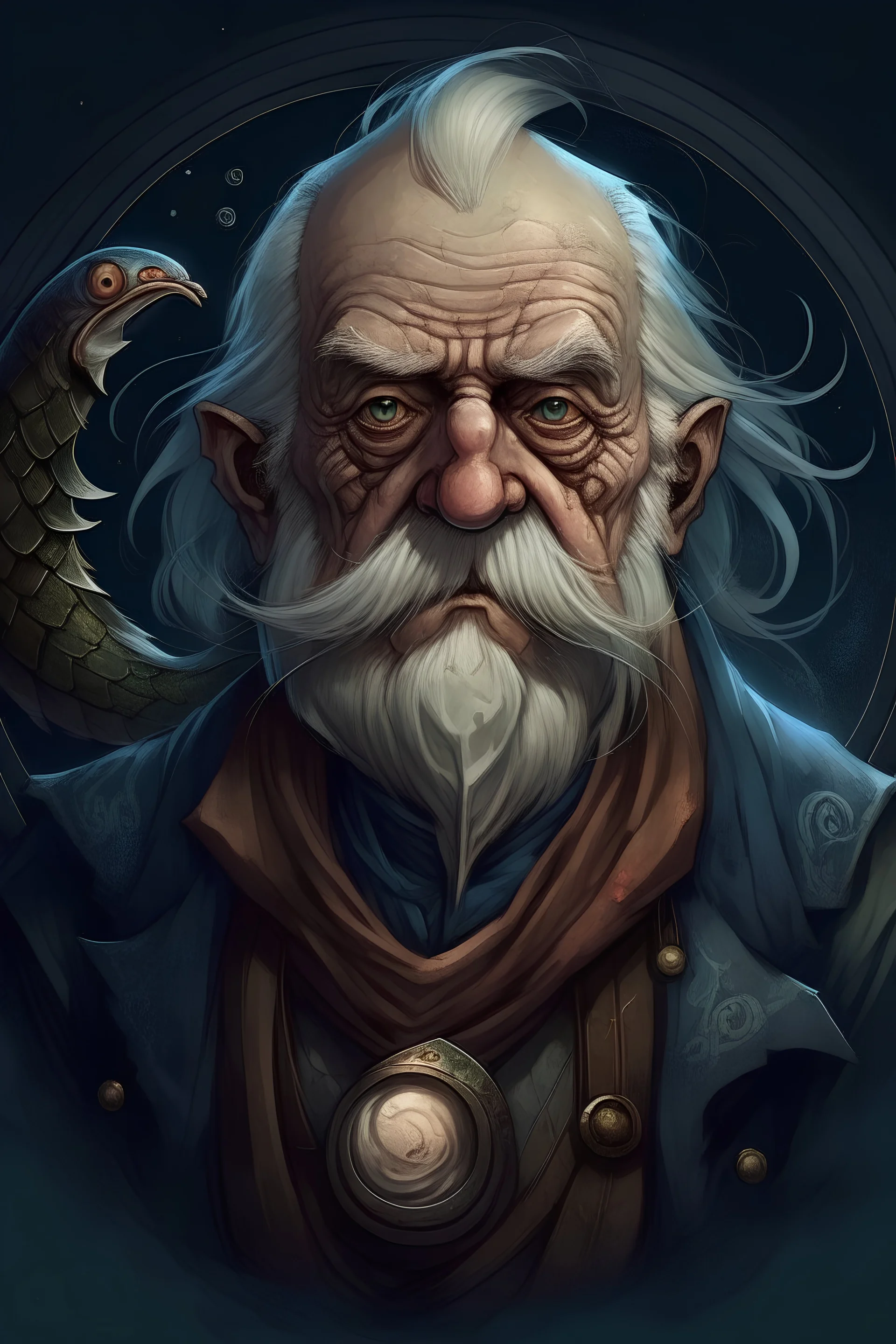 old man with moon iconography dnd portrait turns into a fish demon