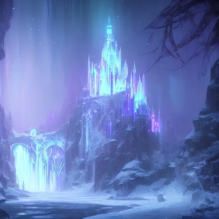 white and gold crystal castle，waterfall, winter snow flakessnow, northern Lights, full of details, smooth, bright sunshine，soft light atmosphere, light effect，vaporwave colorful, concept art, smooth, extremely sharp detail, finely tuned detail, ultra high definition, 8 k, unreal engine 5, ultra sharp focus