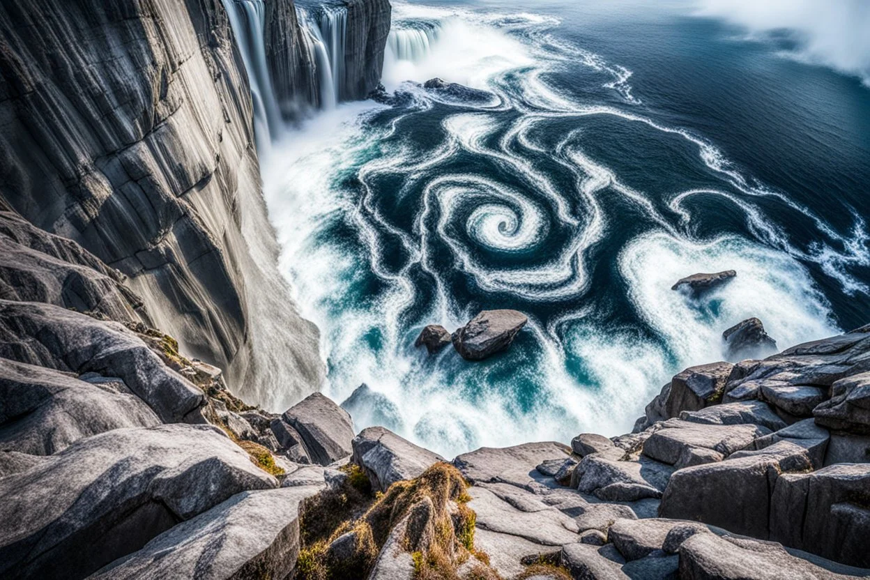 at the base of the rocky mountain peninsula, a great whirlpool waterfalls into deeper unknown depths