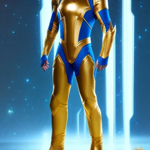 Cosmic super hero, sifi wepon , blue & golden costume,4k image, full body men