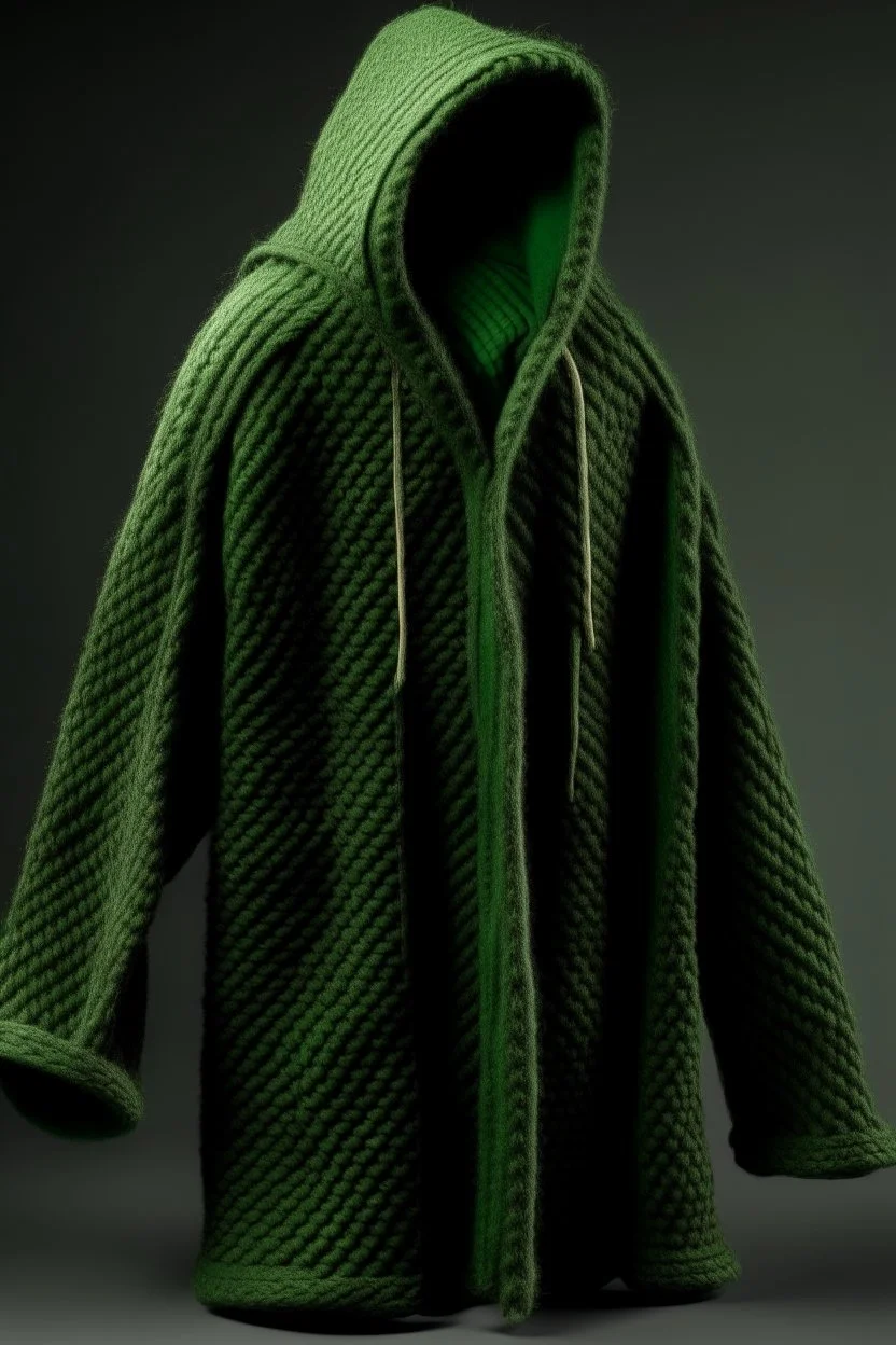 Man's large and green knitted coat opened on front without bottons and a hood