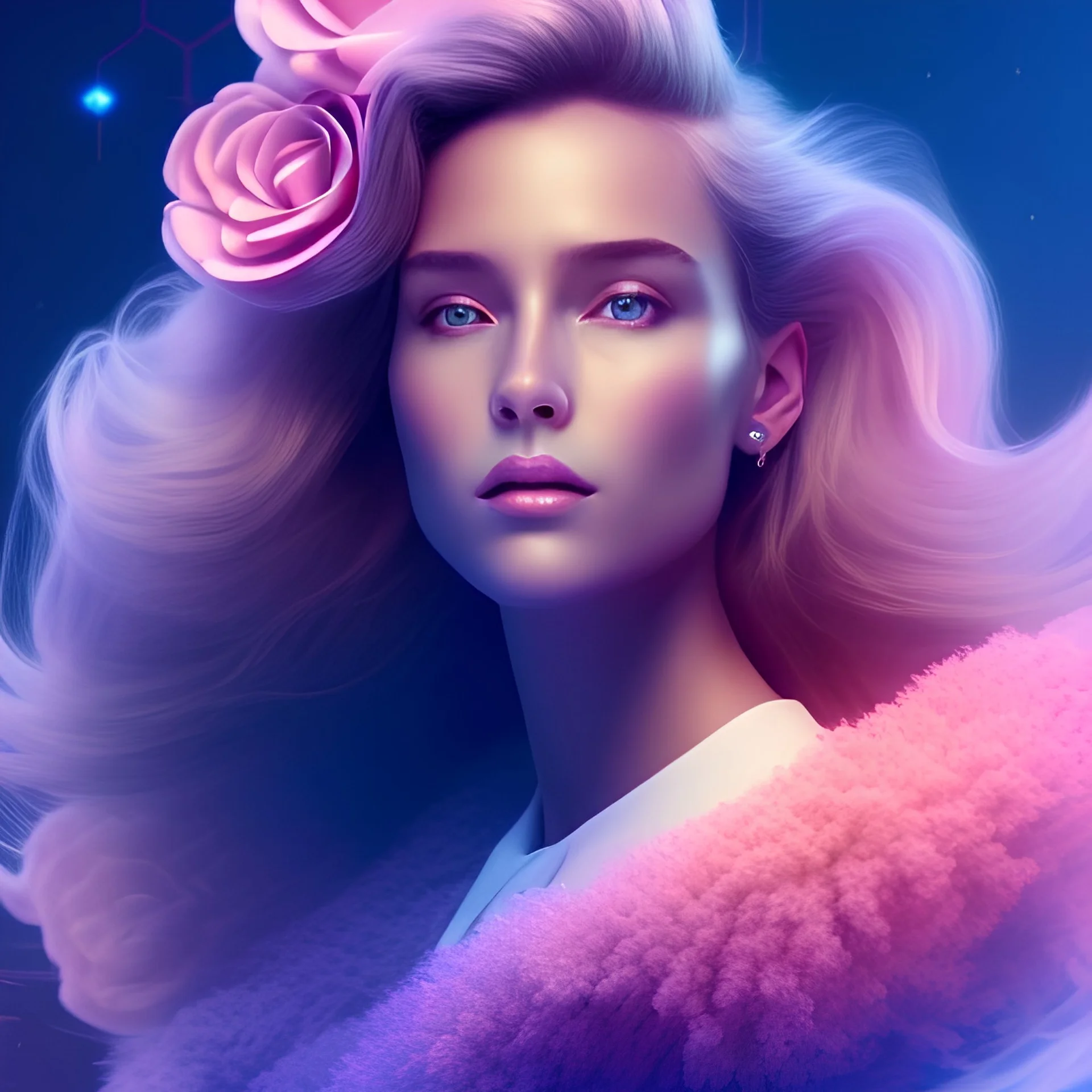 A portrait very beautiful woman ,smiling, longs hairs,elegant, atmospheric, realistic, cinematic lighting, pink blue light, 8k, galactic atmosphere, flowers