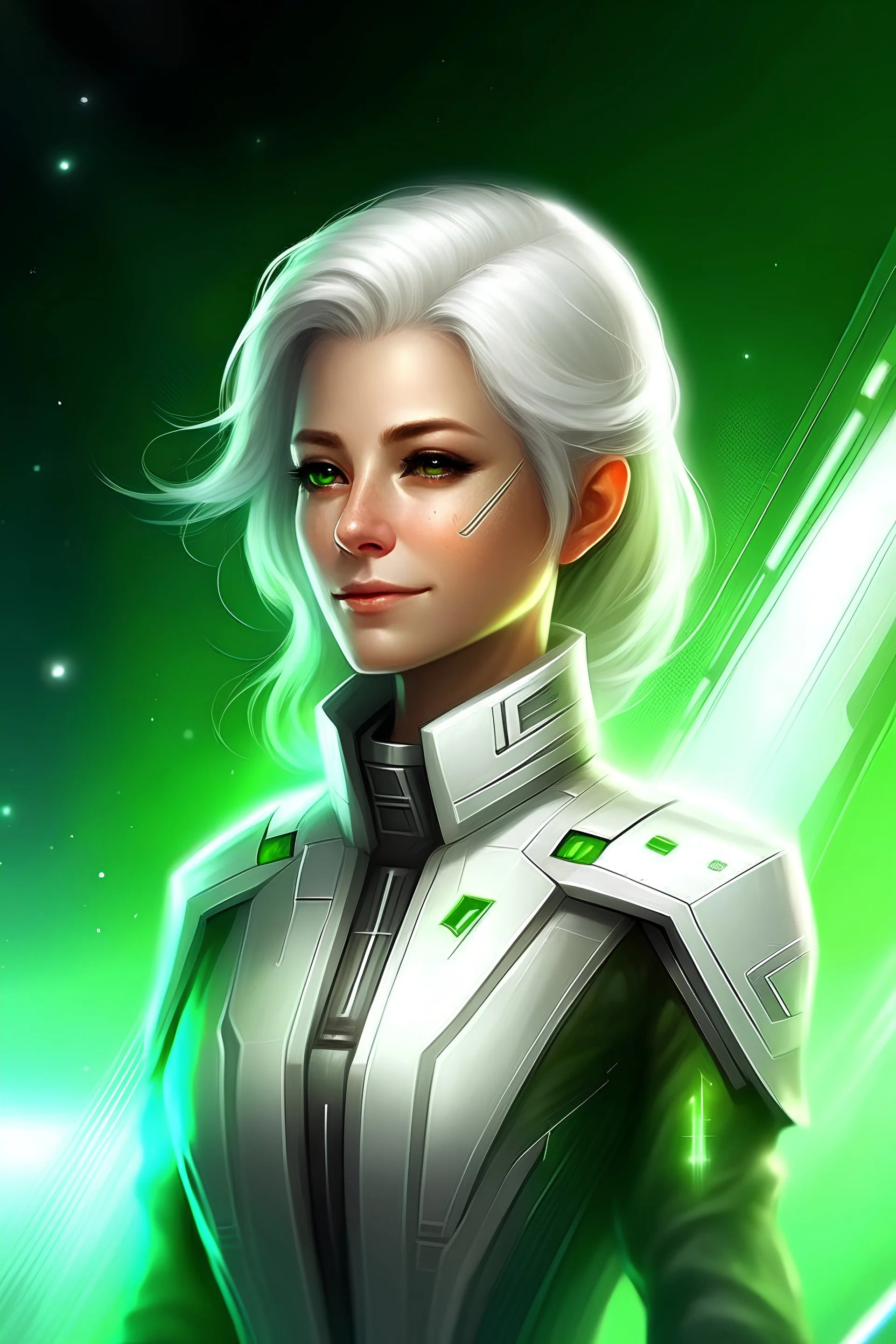 beautifull woman starship commander, white jumpsuit bright, galaxy, white hairs, leader galactic, guardian of galaxy, archangel light coordinator, chef leader, spaceship, light command warior, green eyes