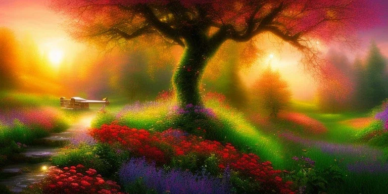 bright fairy, beautiful portrait, flowery landscape