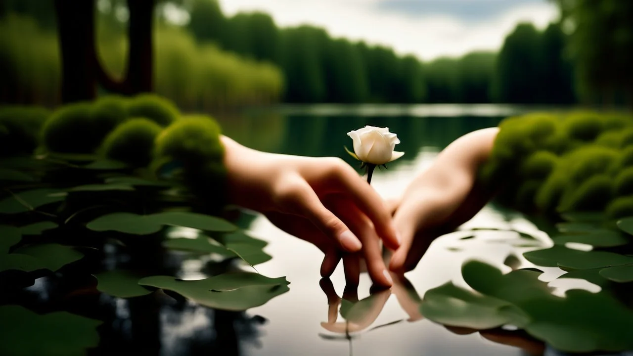 a young woman's hand planted a white rose stem in the ground, in the background a lake, some green trees, ultra detailed, sharp focus, perfect hands with five fingers, perfect photo