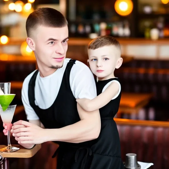 Russian guy boyish boylike short man's haircut boyish features in black girlish lacy cocktail dress as mother in restaurant