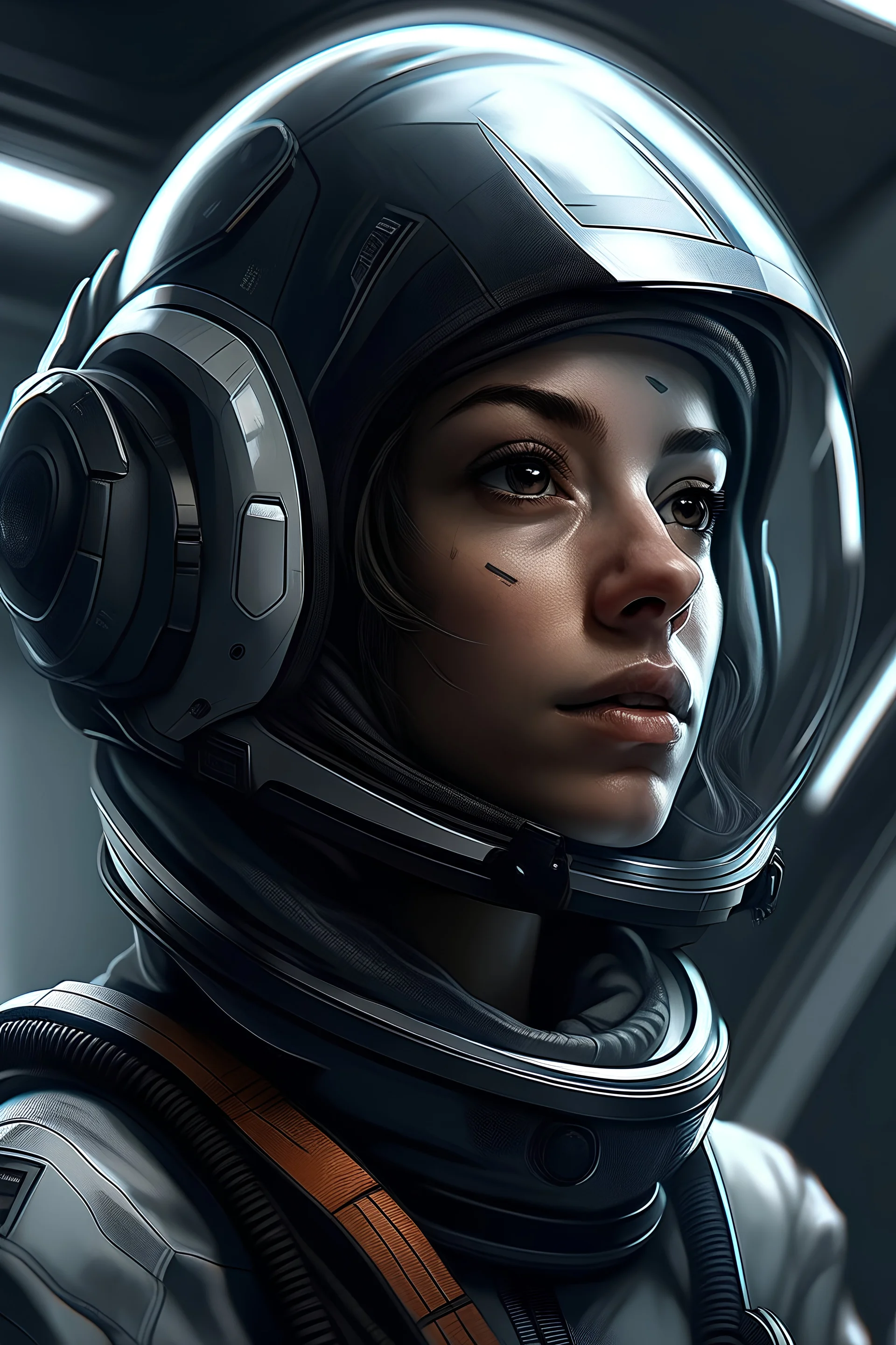 A DIGITAL ART portrait of a sci-fi pilot woman. Style from The Expanse. She is 30 years old. She has a pilot helmet. She is reckless. She has got dreams. Her eyes are beautiful and bright. Grey. seen from across a room