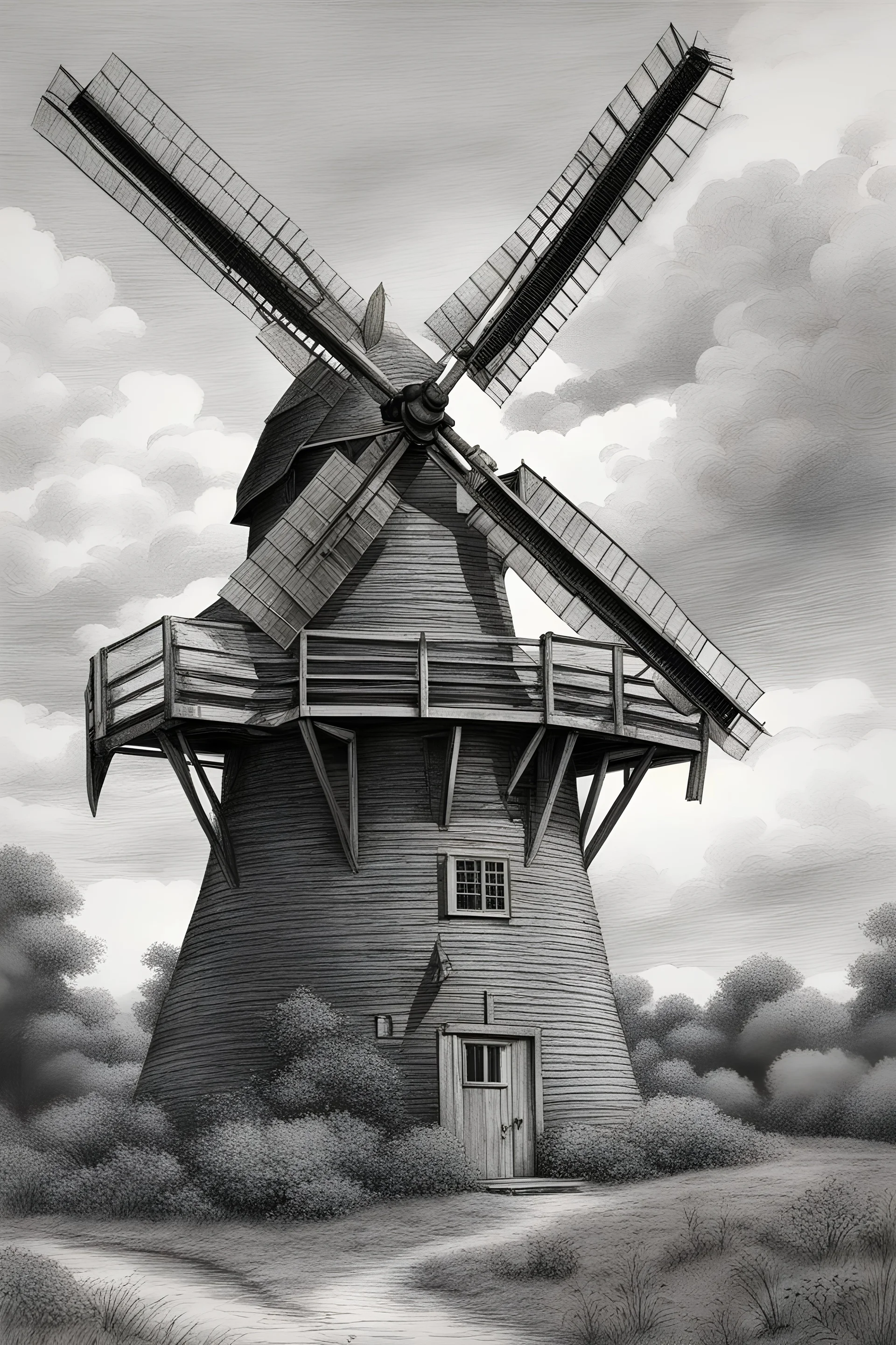 A realistc drawing black and gray with very defined details of a ducth windmill