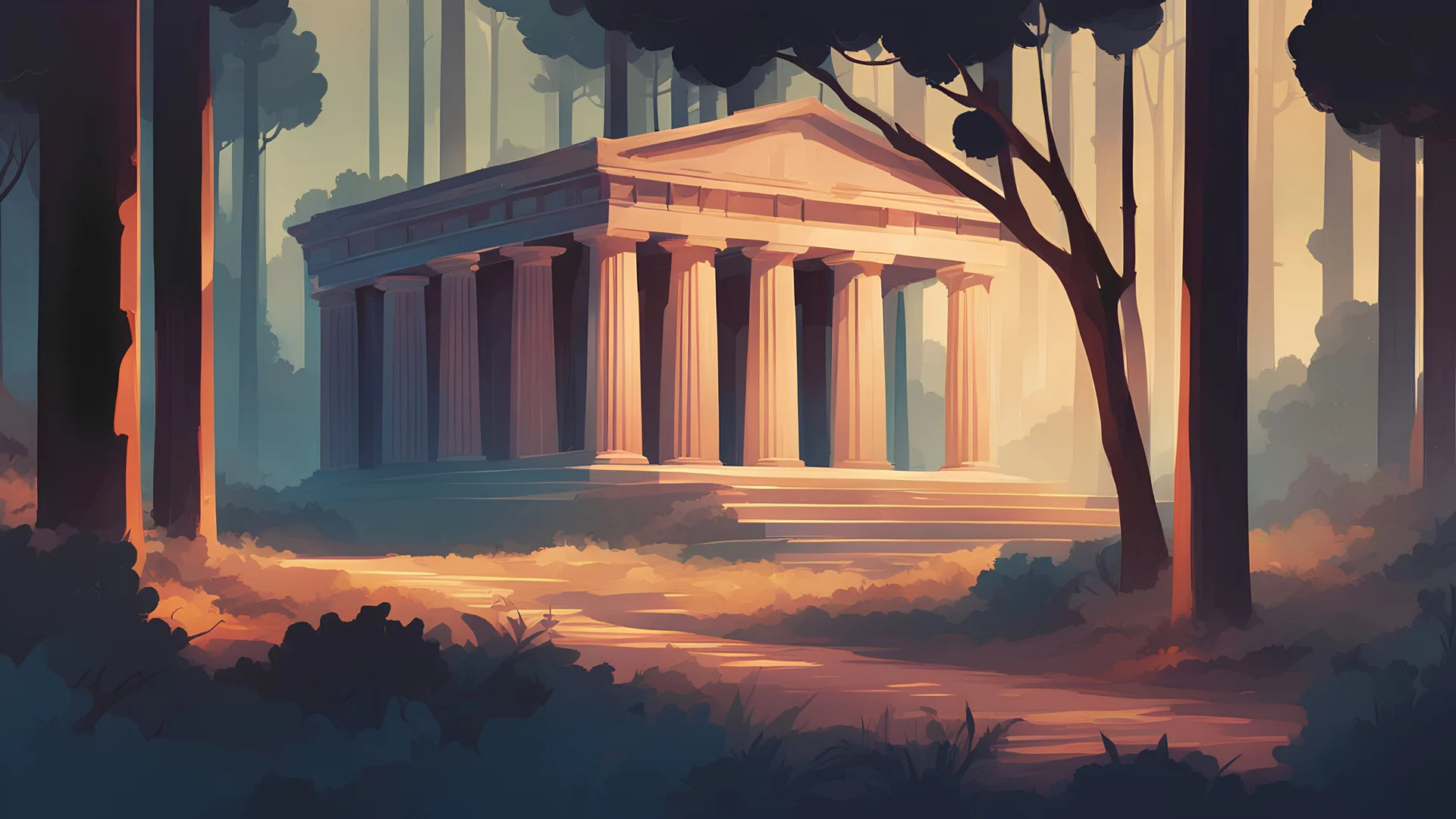 a painting of night hidden in the woods forest temple of Artemis goddes, trees, fireflies, columns, Ancient Greece, old town, reconstruction :: Hellenistic period, Hellenistic town :: traditional classical greek architecture, ancient greek scene painting :: a storybook illustration by James Gilleard, behance contest winner, 2d game art, storybook illustration, rich color palette, skies:2 , flowers:2 , rocks, forest:2