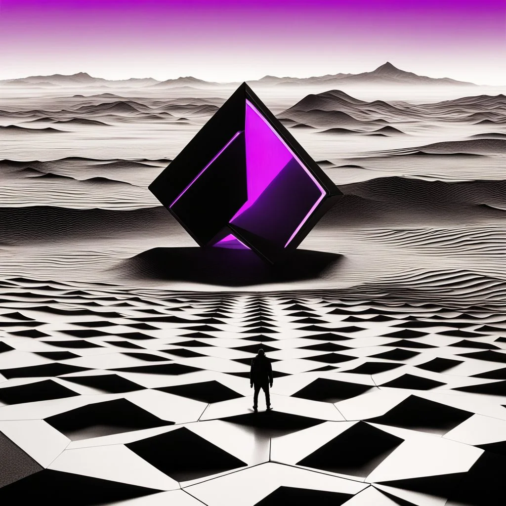 a large dark black ominous rhombus shaped structure with a neon purple outline floating high above a desolate monochrome landscape