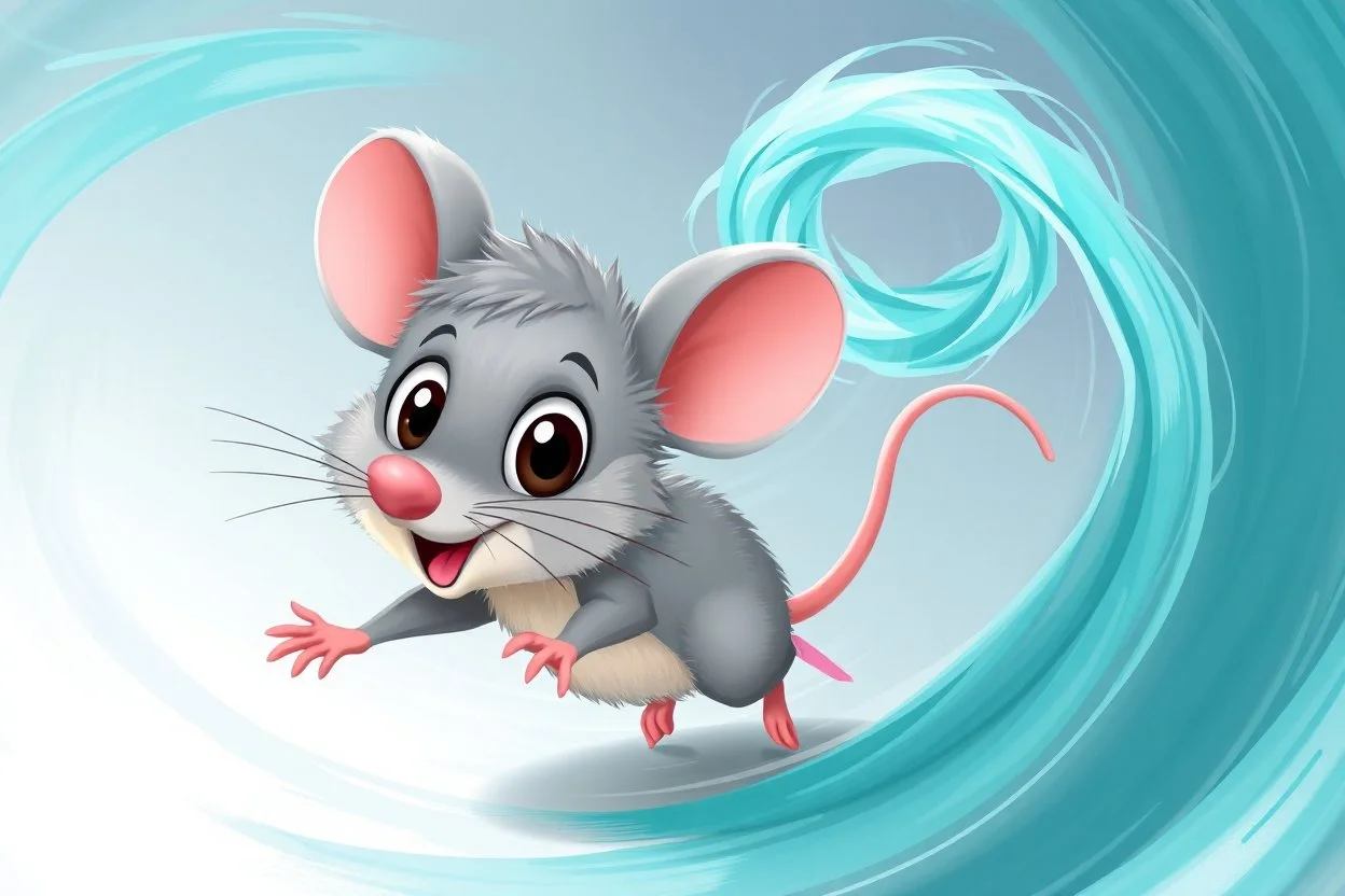 Cute stylized 3D cartoon mouse character being swept into a magical wind vortex, fluffy gray fur, soft detailed fur texture, oversized expressive eyes, rounded ears, tiny pink paw pads, open mouth excited surprised expression, dynamic diagonal motion pose, limbs reaching forward, body tilted in perspective, sense of speed and motion, flowing translucent teal and aqua wind ribbons, spiraling air currents forming a curved arc, soft tornado funnel in the top corner, painterly semi-transparent wind