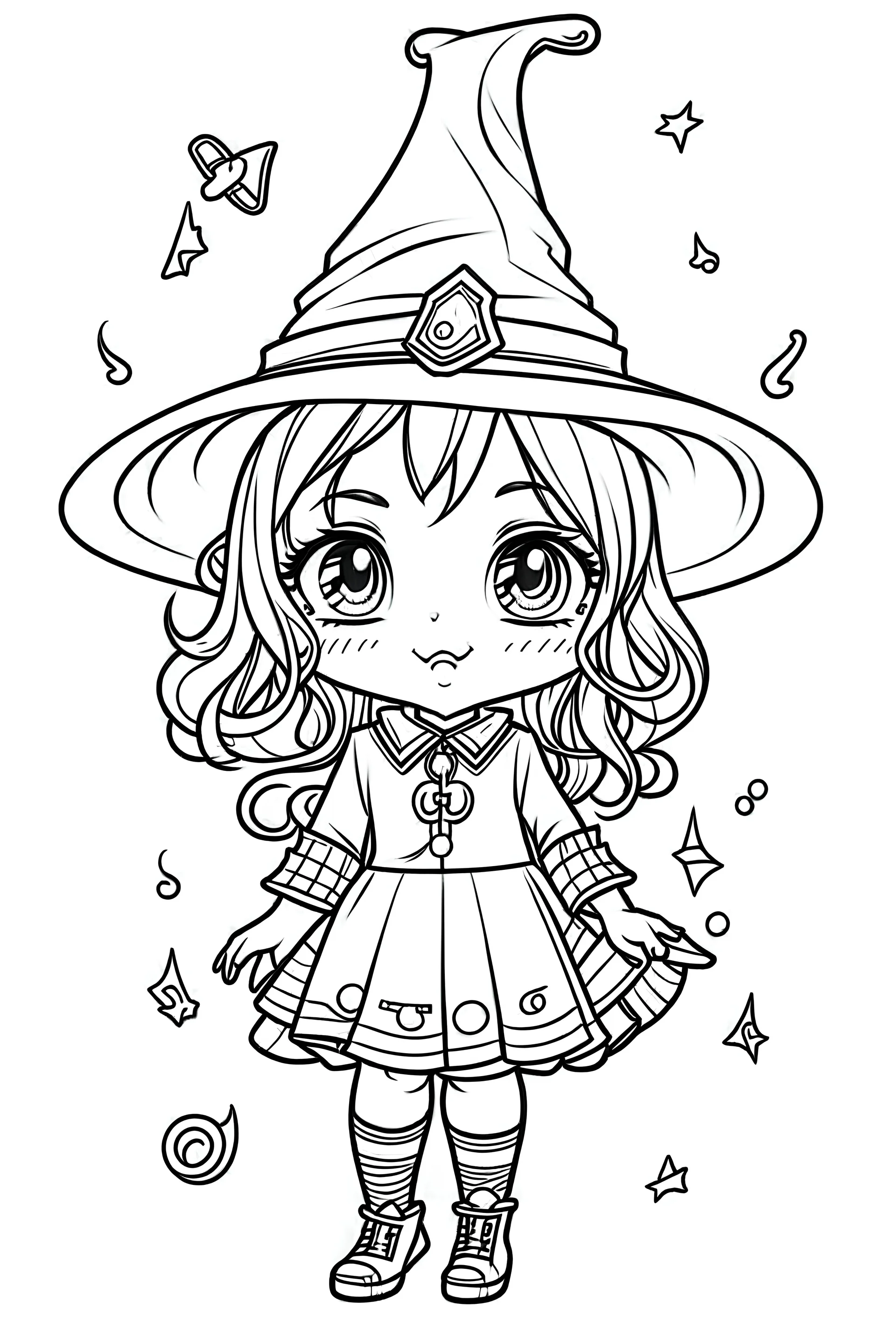 Online art for cute Halloween coloring pages with a witch, white background, sketch style, full body, only use outline, clean line art, no shadows, and clear and well outlined.