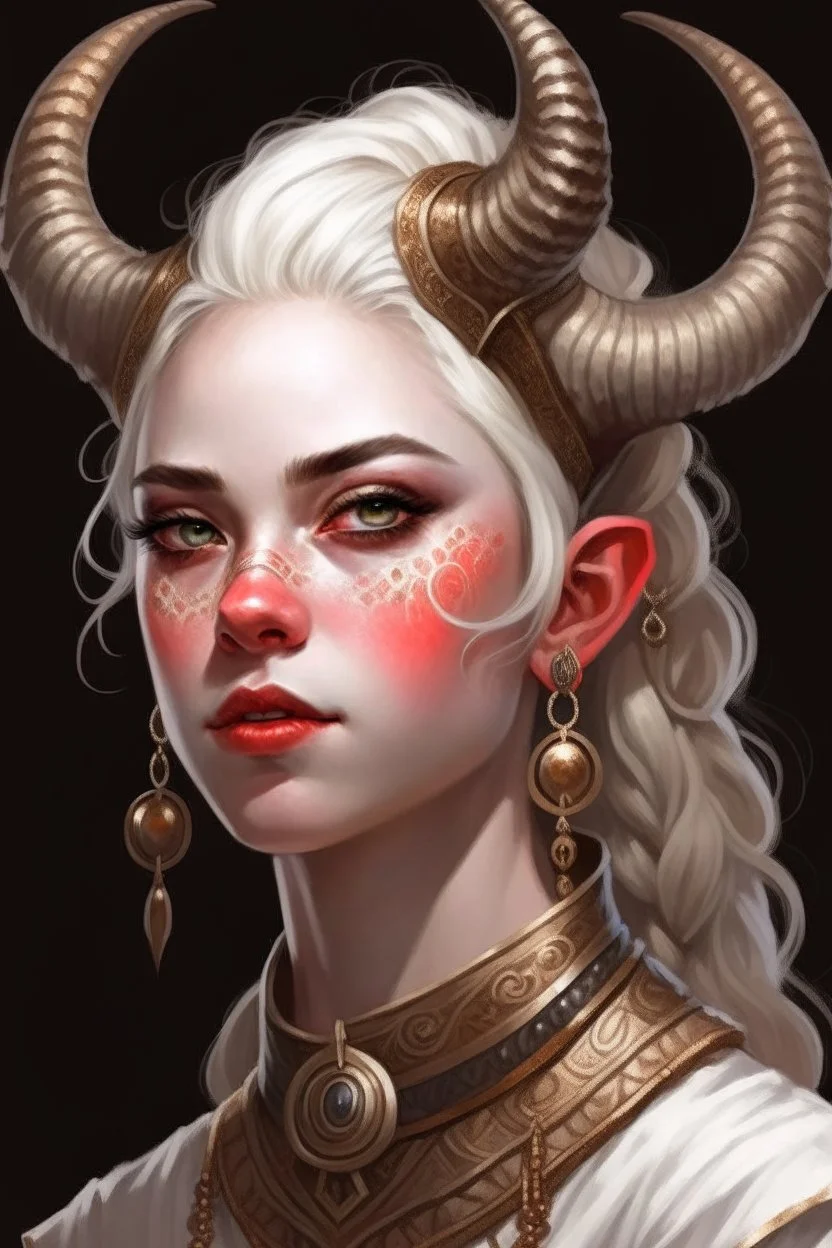 A teenage tiefling woman with a set of ram horns on her head encrusted with jewels, White-Blonde hair, black eyes, no pupils, dressed in white and gold with lots of jewelry