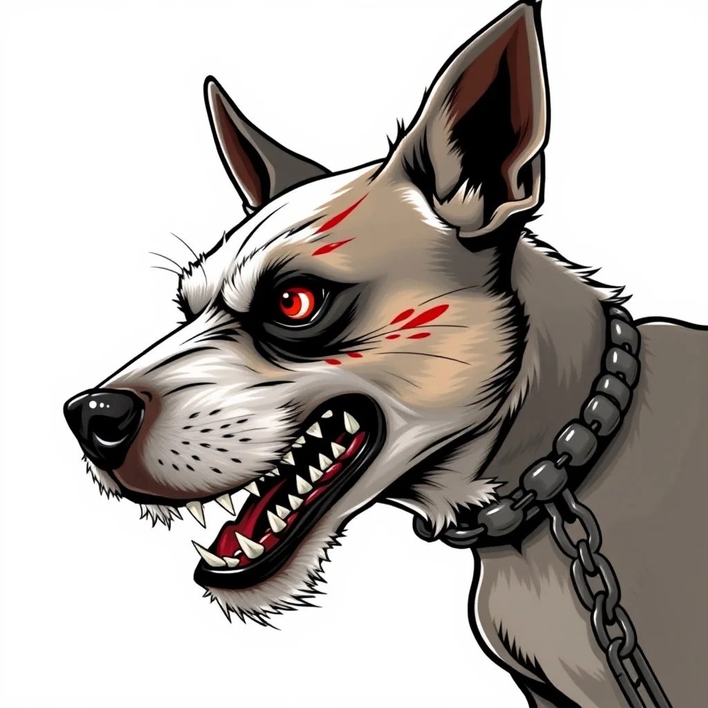 left facing head of angry Terrier dog with blood shot eyes and bloodied teeth, a ball chain collar around neck, a chain leash attached to collar, vector