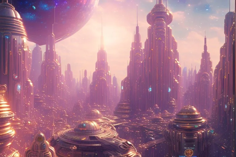 white and gold crystal cosmic and galactic ambiance cinema4d sci-fi futuristic city, full of details, smooth, bright sunshine，soft light atmosphere, light effect，vaporwave colorful, concept art, smooth, extremely sharp detail, finely tuned detail, ultra high definition, 8 k, unreal engine 5, ultra sharp focus