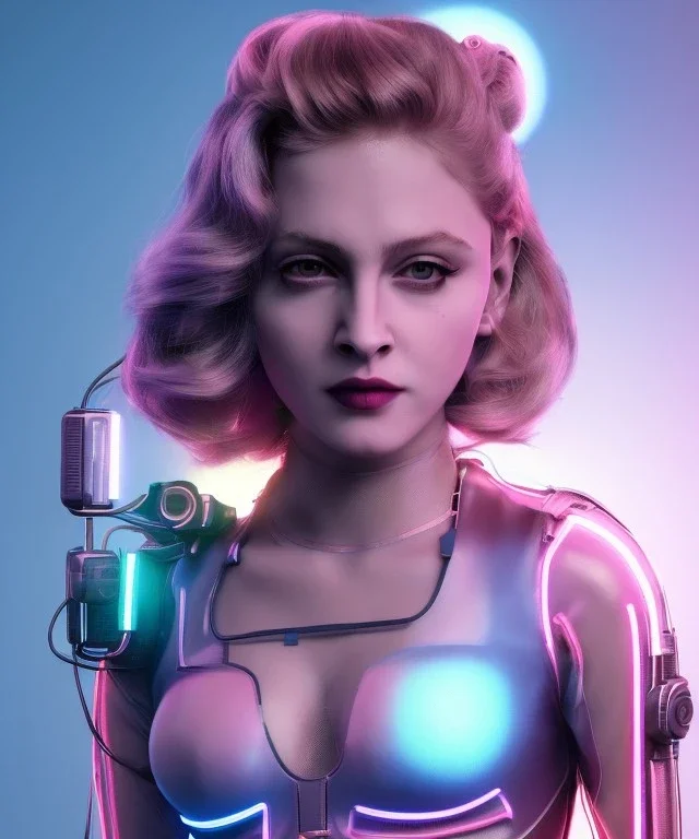 Artist, young madonna, android woman, sweet, blonde, white skin, long eyeliner, purpurin, glossy lips, make-up, color leds lights, cables, short hair, circuits, cyberpunk, latex coat, cyber punk, neon, portrait, studio photo, unreal engine 5, soft color, 16 bit, god lights, ray tracing, RTX, lumen lighting, ultra deatail, volumetric lighting, 3d, finely drawn, hd.