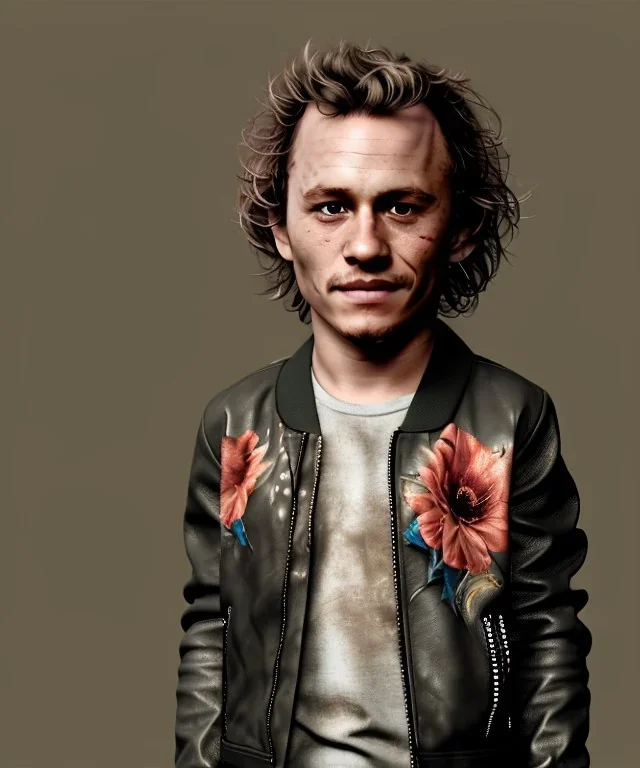 Heath ledger toddler, full body, sneaker, leather jacket, floral shirt, soft skin, dramatic lighting, hyper realistic