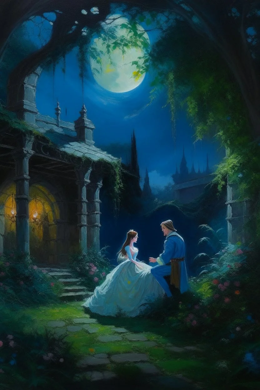 Oil painting A secret meeting between a princess and a prince in an abandoned garden in an abandoned palace under the moonlight