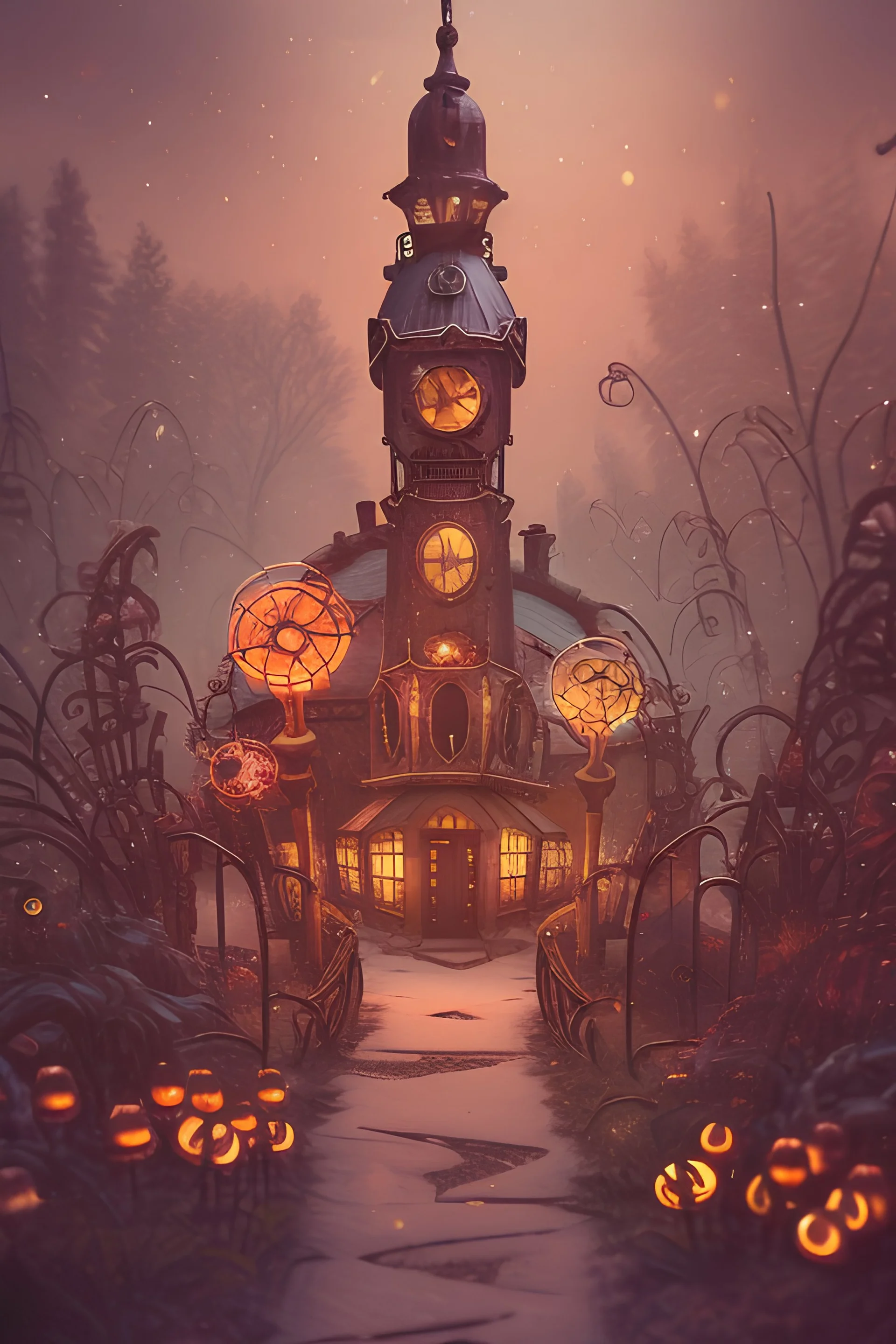 gingerbread candy village, steampunk, cinematic scene, art deco, studio lighting, robot, colorful, inspectorcore, fantasy, fairytale, intricate, forest, fireflies, flowers, halloween, christmas, hansel and gretel, background blur, bokeh, medium shot, visually stunning, matte painting, concept art, trending on artstation, artgerm, cgsociety