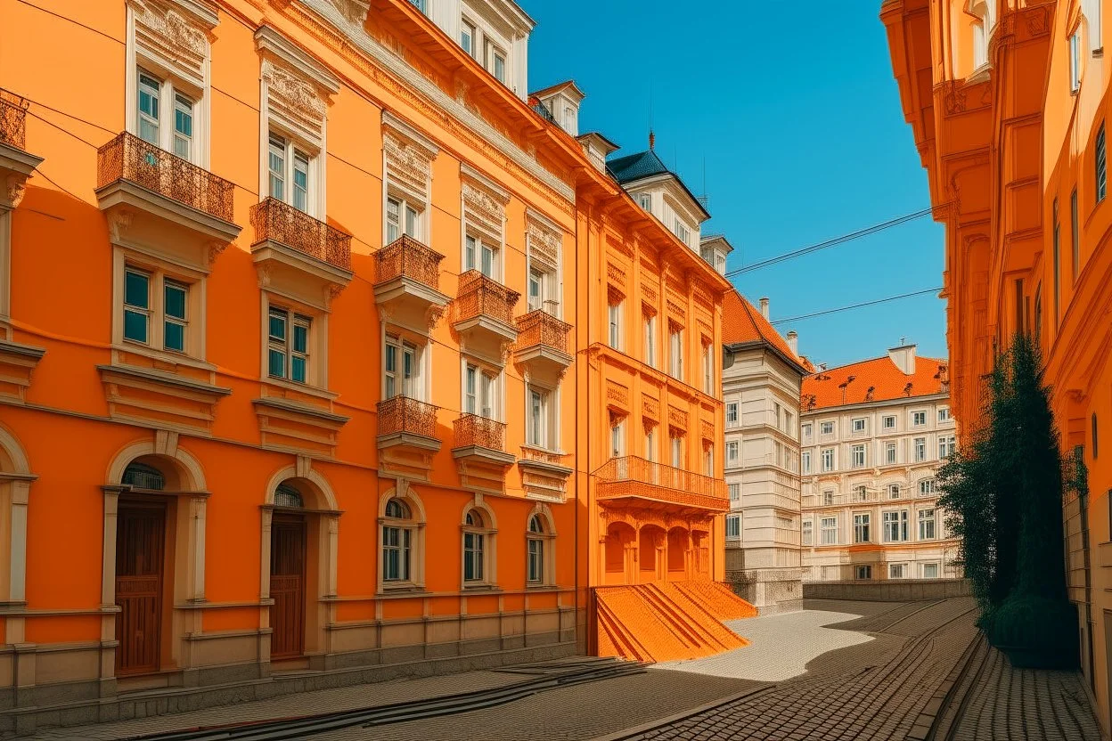 An orange colored construction zone in town in Baroque art style